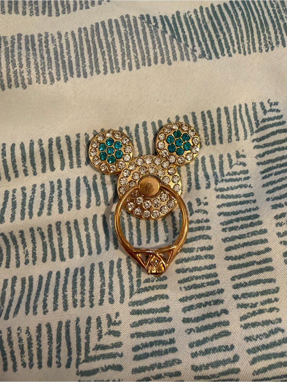 Gold Crystal Mouse-Ear Phone Ring Holder with Teal Accents